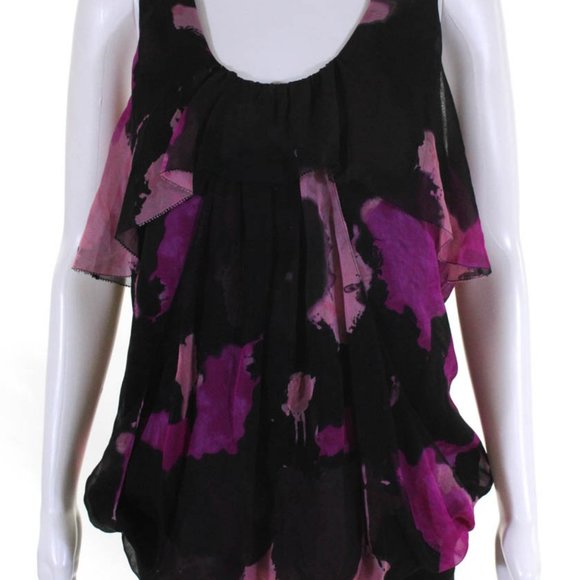 Diane Von Furstenberg Sleeveless Scoop Neck Ruffled Blk Pink Sz 10 #106 - Picture 2 of 11